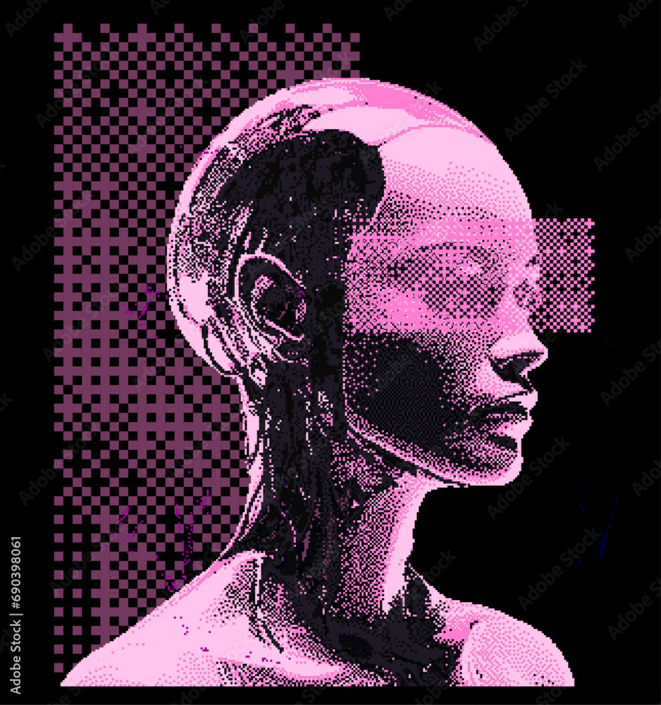 Poster Pixel art of an artificial robotic humanoid head with wires coming from the skull. 