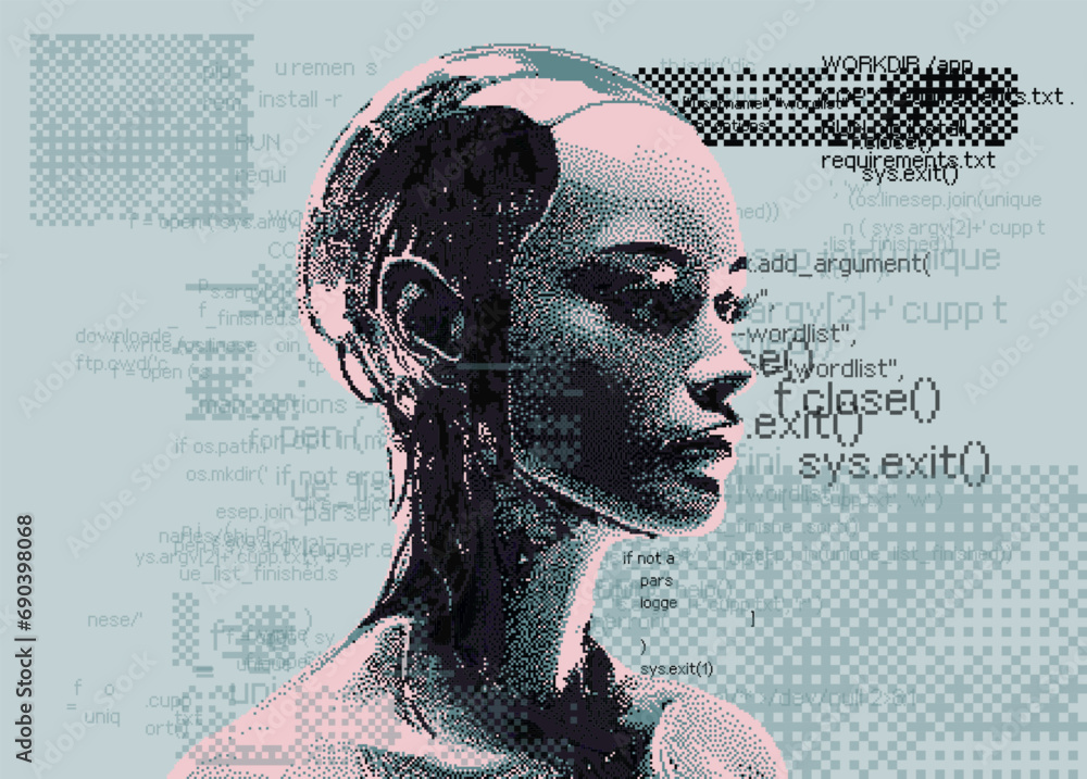 Aufkleber Pixel art of an artificial robotic humanoid head with wires coming from the skull. 