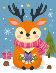 Merry Christmas and Happy New Year 2024 Vector trendy illustrations of holiday cards with forest, deer, lettering, Christmas tree and pine. Drawing for poster