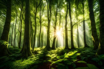 A lush green forest with sunlight filtering through the trees.