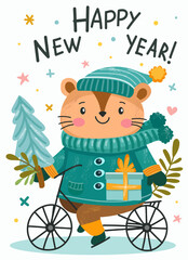 Merry Christmas and Happy New Year 2024 Vector trendy illustrations of holiday cards with forest, hamster, lettering, Christmas tree and pine. Drawing for poster