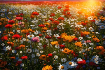 A field of wildflowers with a range of colors under a sunny sky