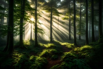 A misty forest at dawn, with rays of sunlight piercing through the fog and illuminating the green foliage