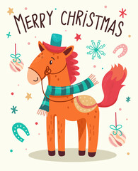 Merry Christmas and Happy New Year 2024 Vector trendy illustrations of holiday cards with forest, horse, lettering, Christmas tree and pine. Drawing for poster