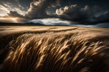 A vast prairie with wild grasses swaying in the wind under a stormy sky