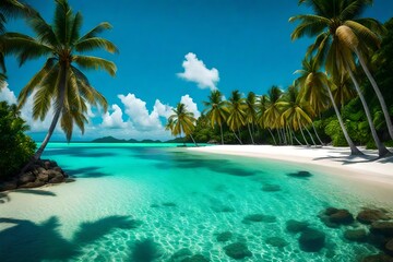 A tropical island paradise with a white sandy beach, palm trees, and a clear blue ocean