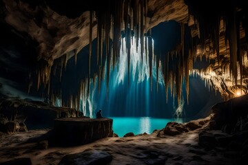 A deep, mysterious cave with stunning stalactites and stalagmites, and a hidden underground lake