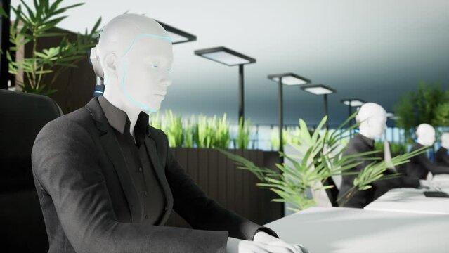 3d animation of humanoid robots working in modern office, future concept
