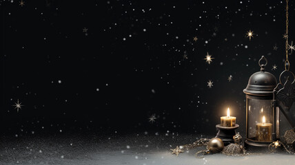 Black background with snowflakes and vintage metal candle holders christmas atmosphere 