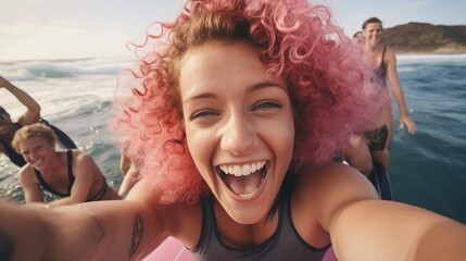 surfer girl with fashionable peach curls takes a selfie on the waves with a waterproof smartphone,...