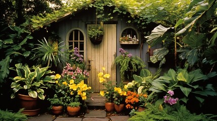 Fototapeta na wymiar Garden shed hidden by potted plants