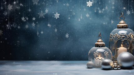 Deep blue background with snowflakes and vintage  cristal candle holders christmas atmosphere 