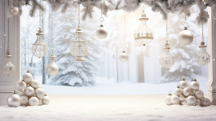 white soft background with christmas trees snow and decoration indoor view