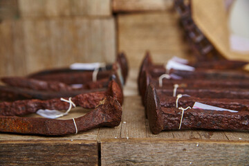 Antique Rail Spikes on Weathered Wood, Artistic Depth of Field