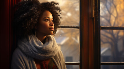 A woman in warm winter clothes is standing by the window, ai generative