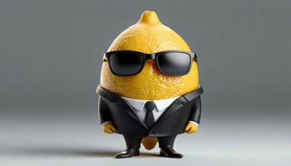 A lemon character as a cool secret agent with sunglasses, exuding mystery and coolness