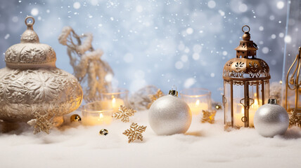 White snow background with  gold vintage candle holder and christmas decoration