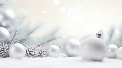 White soft christmas background with pine cones, snow and christmas decoration