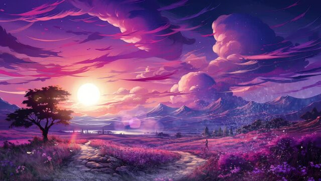 A purple meadow glows in the warmth of the sunset, the sky adorned with hues of purple—a picturesque scene of tranquil beauty. Seamless 4K Footage. Generative Ai