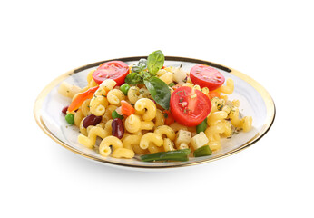 Plate with tasty pasta primavera on white background