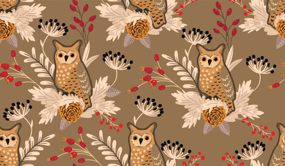 Cartoon seamless pattern with red berries and cute owl.Floral composition with coniferous branches, cone and wild animal character.Boho style background in red and beige.Vector illustration.