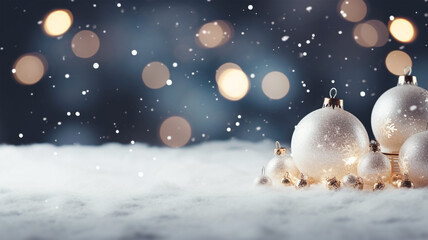 Fototapeta na wymiar Deep blue background with bokeh snow and christmas balls 