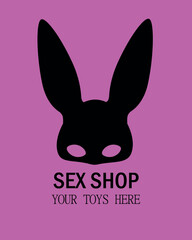 Sex shop label. Adult store logo. Rabbit mask on a bright pink background. Adult toys