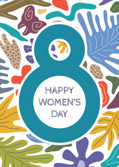 Women's day greeting card. Floral abstract background, number eight. Poster for March 8th