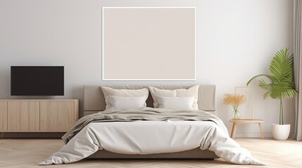 Mockup copy space on TV screen in beige wooden bedroom with bed on parquet floor