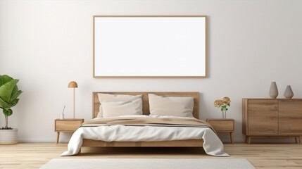 Mockup copy space on TV screen in beige wooden bedroom with bed on parquet floor