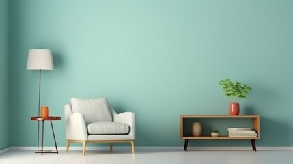 Mockup frame of living room with armchair on empty light blue color walllibrary room