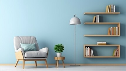 Mockup frame of living room with armchair on empty light blue color walllibrary room