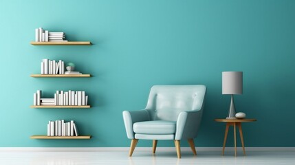 Fototapeta na wymiar Mockup frame of living room with armchair on empty light blue color walllibrary room