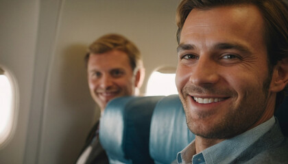 caucasian man enjoys flight in busy airplane cabin. Warm smile,