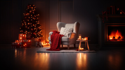 Living room with cozy white chair red blanket  Christmas tree candles and gifts Christmas mood Cozy family atmosphere