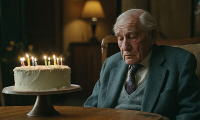 lonely elderly man blows out birthday candles alone. Grey hair, - obrazy, fototapety, plakaty