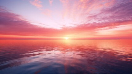 Naklejka na ściany i meble Background image captures the serene beauty of a sunset over a calm horizon, offering a perfect blend of warm hues and soothing tones. The sky is painted in a gradient of orange, pink, and lavender