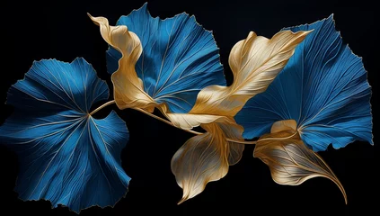 Zelfklevend Fotobehang Gold and Blue Leaves on Black Background, Luxurious Fabrics Style, Photorealistic Compositions, Light Indigo, Textured Pigment Planes © panumas