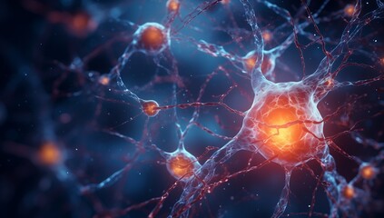 Neuron in Blue Light Photo, Rendered Style, Medical Imaging Film Aesthetics, Scientific Visual Representation