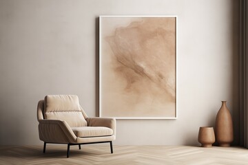 Sculpted Beige Lounge Chair against Marble Wall with Abstract Element