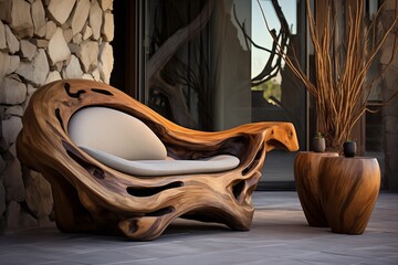 Fototapeta na wymiar Sophisticated Distinctive Lounge Chair and Rustic Wooden Log Coffee Table