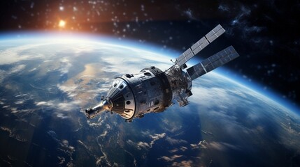 Orion spacecraft flight in space on orbit of Earth. Sci-fi wallpaper
