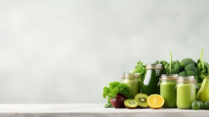 Glass jar mugs with green health smoothie, kale leaves, lime, apple, kiwi, grapes, banana, avocado, lettuce. Copy space. Raw, vegan, vegetarian, alkaline food concept. Banner - Powered by Adobe