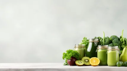 Poster Glass jar mugs with green health smoothie, kale leaves, lime, apple, kiwi, grapes, banana, avocado, lettuce. Copy space. Raw, vegan, vegetarian, alkaline food concept. Banner © Marry