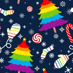 Fototapeta premium Christmas tree cartoon seamless lgbtq colors pattern for wrapping paper and fabrics and kids clothes print