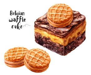 Watercolor illustration of Belgian waffle cake dessert close up. Design template for packaging, menu, postcards.  PNG