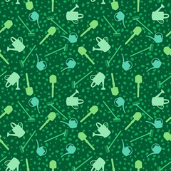 Garden tools seamless shovels and watering can and rake pattern for wrapping paper and fabrics and linens