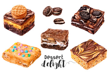 Watercolor illustration of sweet dessert close up. Design template for packaging, menu, postcards.  PNG