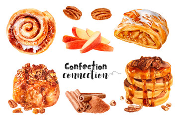 Watercolor illustration of apple pie dessert close up. Design template for packaging, menu, postcards.  PNG