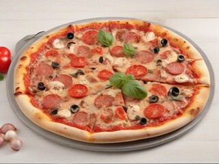 Fresh pizza on wooden table closeup